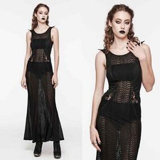PUNK RAVE Gothic Kleid Lang Seethru Summer Dress Durchsichtig Schwarz Stretch