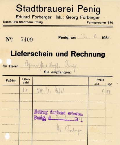 Rechnung stadtbrauerei penig - rechnung,