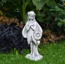 Elfe Fee mit Sonnenblume Steinfigur 48 cm 7 kg Grau Weißbeton frostsicher