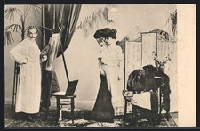 Maler im Kittel mit Aktmodell, Ansichtskarte 