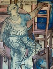 Modernes Ölbild Brigitte Tietze West-Berlin Porträt Frau im Raum mit Koffer 