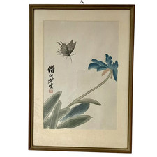 Qi Baishi Schmetterling Orchidee sign. Farbholzschnitt China Tusche gerahmt Bild