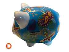 1990er Designer Porzellan Sparschwein blau-Weiss 15cm mit Schlüssel Germany WP04