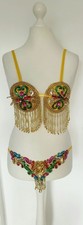 BH Set Bauchtanz orientalisch goldfarben rosa grün Fransen Pailletten Gr S M neu