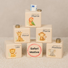 Spardose Safari Tiere personalisiert Holz Name Geschenk Taufe Geburt Babybox