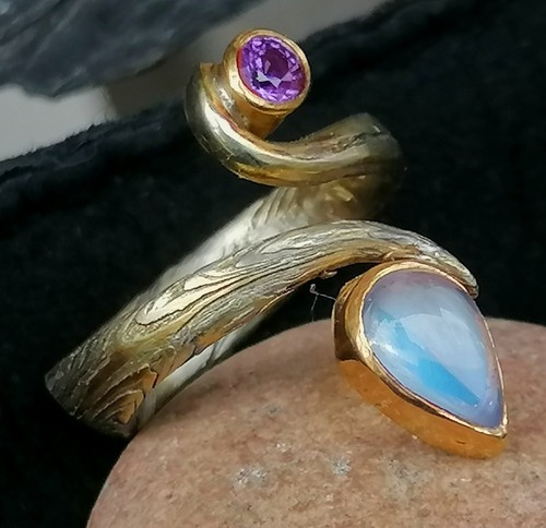 Ring mokume gane - gane, mondstein