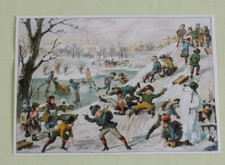 1x Postkarten Winter Kinder Nostalgie Schlitten Schlittschuh Dorf Schneeball Hüg