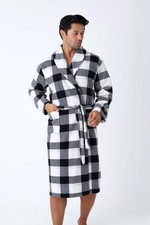 Herren Fleece Bademantel Kariert in Schwarz und Weiß - Warm und Bequem L-2XL