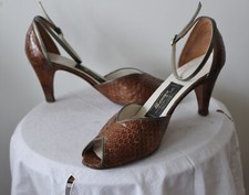 Vintage BERGER Peep Toe Pump Schlangen Optik Honig Braun Knöchelriemen Schuhe