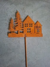 Stab Gartenstecker Garten Metall Rost Waldszene Haus Baum Winter Weihnachten