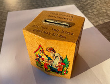 Alte Holz Spardose Märchen SPARKASSE  1950/60er Jahre mit Schlüssel