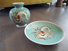 Schaubach Kunst Vase & Teller Drache, handgemalt, Porzellan