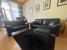 Sitzgruppe schwarz, 3-er Couch, 2-er Couch, Hocker, Echt Leder