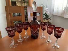 Weinset Karaffe mit 6 Weingläser geschliffen Überfang Rubinrot Top Zustand