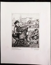 Radierung Leierkastenmann an