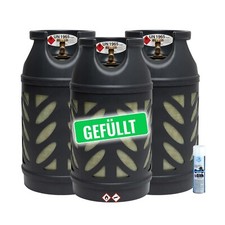 3x Premium 10 kg Composite Eigentum Propangasflasche gefüllt inkl. Lecksuchspray