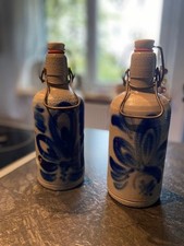 Set Essig + Öl Flaschen Steinzeug grau blau Höhe = 21 cm d = 7,5 cm