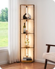 EDISHINE Stehlampe mit 4 Holz Regalen dimmbar 3 Farbtemperaturen 360° drehbar