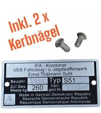 Typenschild Simson S51 260 kg IFA VEB, gestanzt graviert beschriftet
