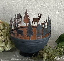 Shabby Amphore Schale auf Fuß Windlicht,  Hirsch / Rehe / Häuser, Metall Grau