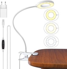 Schwanenhals-Leselampe: 3 Modi,10 Dimm,40cm Klemmlampe (Weiß, Adapter)