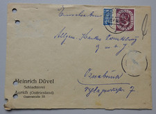3067/ Brief Heinrich Düvel, Schlachterei, Aurich 1954, Notopfermarke