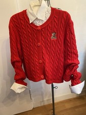STRICKJACKE ROT 100%BAUMWOLLE ZOPFMUSTER GROBSTRICK & KNÖPFE GR M BÄRCHENAPPLIKA