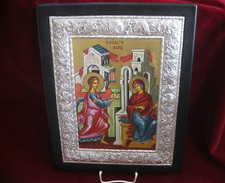 Prächtige Ikone 36 cm mit 925er Silber Reliefrand Engel Gabriel Verkündigung