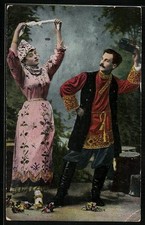 Mann und Frau in russischen Trachten beim Tanz, Ansichtskarte 1918 