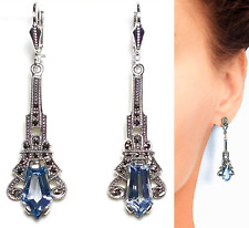 Ohrringe Aquamarin farbig + Markasit, Art Deco Design 925 Sterlingsilber (04)