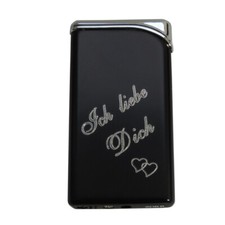 Superflaches Gas-Feuerzeug Schwarz mit Ich Liebe Dich inklusive Rückseitengravur