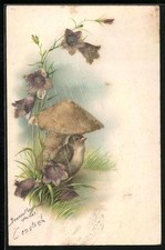 Glitzer-Perl-AK Vogel wartet im Regen unter einem glitzernden Pilz 1903 