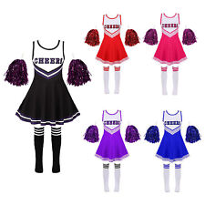Kinder Cheer Leader Kostüm Komplettes Set Cheerleading Kleid mit Pom Poms Socken