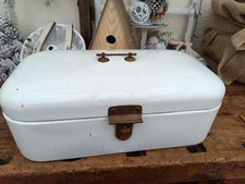Schöner alter weisser Emaille Brotkasten mit Messing Antik Rarität 