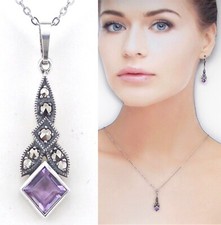 Amethyst Anhänger + Markasit, Art Deco Design 925 Sterlingsilber (m109)
