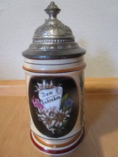 Porzellan Krug   Zum Andenken  mit  Zinndeckel  Bodenbild  Lithophanie