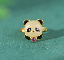 I05 Ring Panda Bär aus weißer naturfarbener Jade Sterling Silber 925 vergoldet
