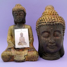 Set Buddha-Figur Meditation & Buddha Kopf mit Weisheits-Symbolik aus Polyresin