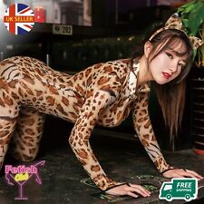 Leopard Ganzkörperanzug offener Schritt Strumpf Langarm Catsuit Reißverschluss Strumpfhose XL