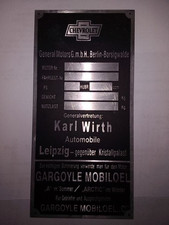 Typenschild General Motors GM Berlin Chevrolet Karl Wirth Leipzig Schild S105