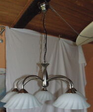 DECKENLAMPE, 5-ARMIGE HÄNGELEUCHTE, PENDELLEUCHTE EDELSTAHL WEISS GLAS GEFLAMMT