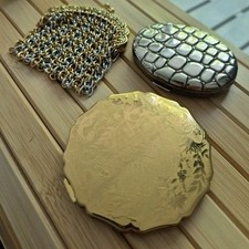 Vintage Set Taschenspiegel Stratton Gold Silber Alligator Optik Ketten Geldbörse