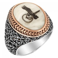 Massiver 925 Sterling Silber Tughra Design auf Perlmutt Stein Herrenring