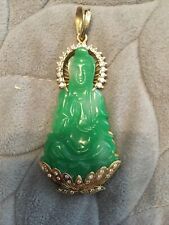 18K Solid Yellow Gold Natural Green Jade Quan.Buddha Pendant.diamanten