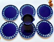 6 Melitta Kopenhagen Kuchenteller + 1 Suppentasse - blau mit Punkten- 70er