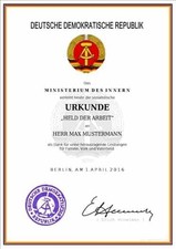 Ddr urkunde held - ddr, arbeit"