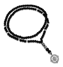 XXL Halskette Obsidian Steine Schwarz Matt Kompass Anhänger Silber Modeschmuck