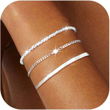 Armband Set Damen – 3x Stapelbar, Silber 925, Verstellbar, Mehrlagig