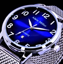 Alain Miller Herren Mesh Armband Männer Uhr Schwarz Blau Silber Farben Datum