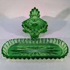 Grünes Pressglas Set Dose & Schale 30er Jahre Art Deco Stil Vintage Glas